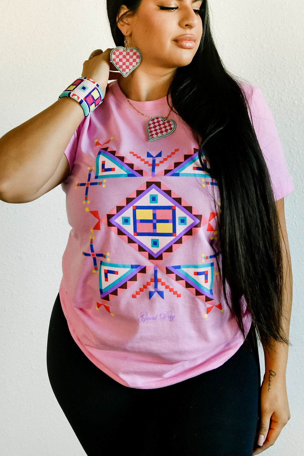 Geometric Cross Cotton Tee - Pink