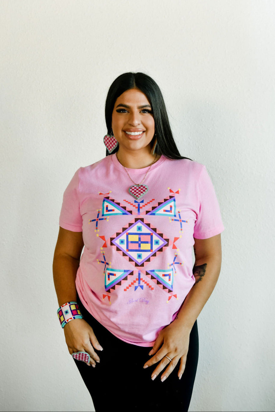 Geometric Cross Cotton Tee - Pink