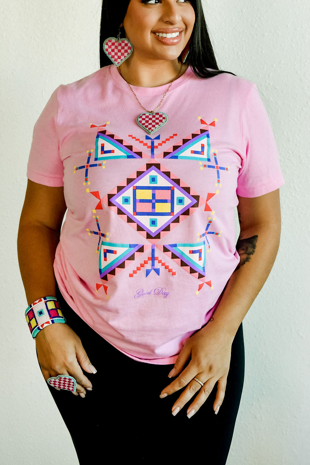 Geometric Cross Cotton Tee - Pink