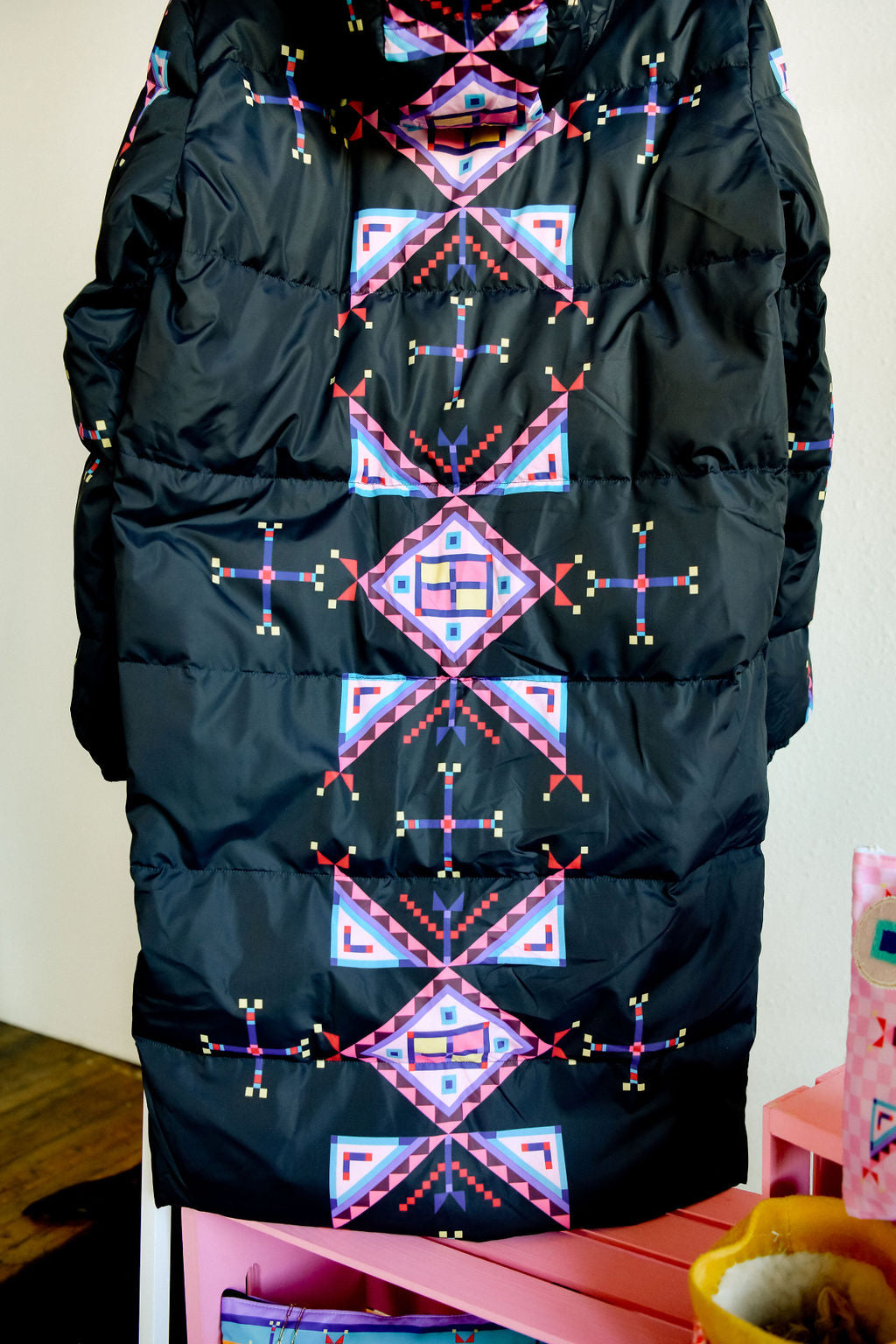 Geometric Down Long Puffer Jacket