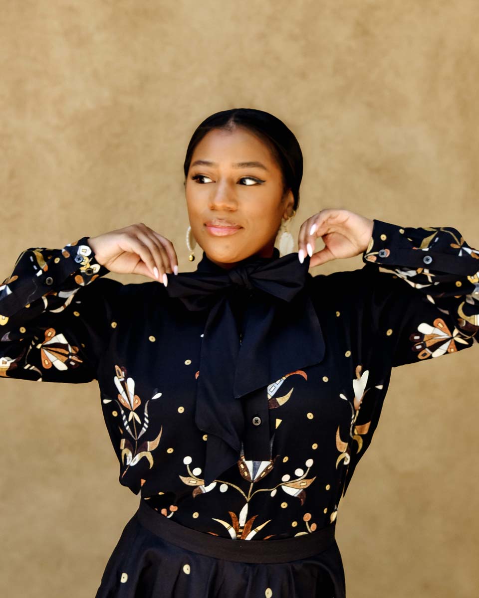 Sequin Floral Viscose Bow Blouse (Made to Order)