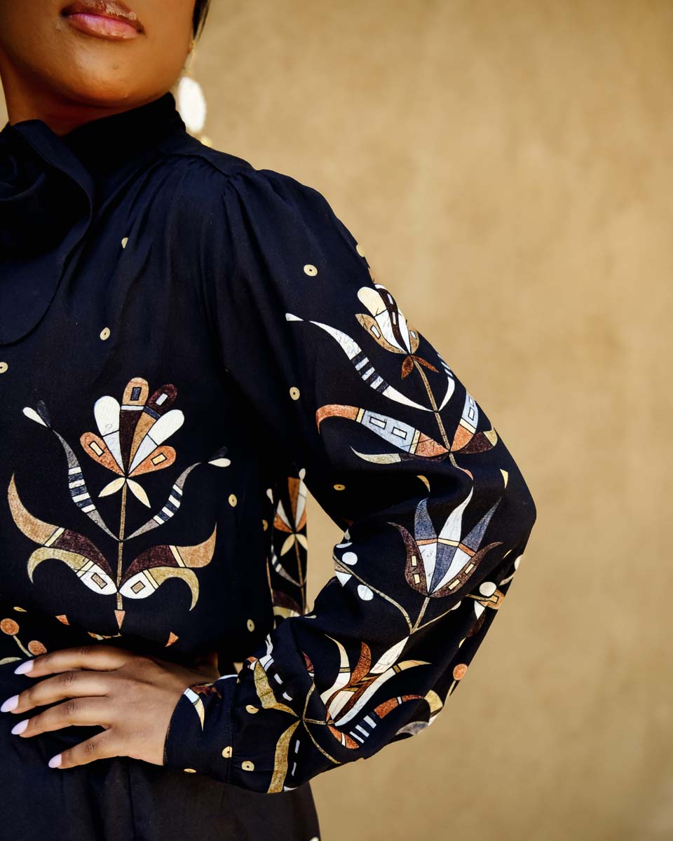Sequin Floral Viscose Bow Blouse (Made to Order)