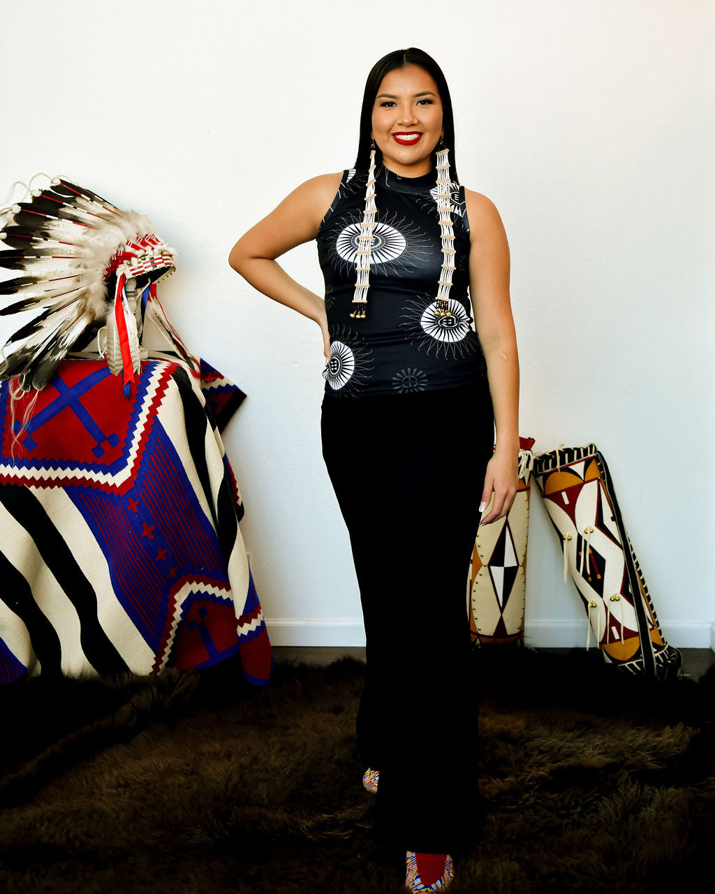 Feather Warbonnet Sleeveless Mock Neck